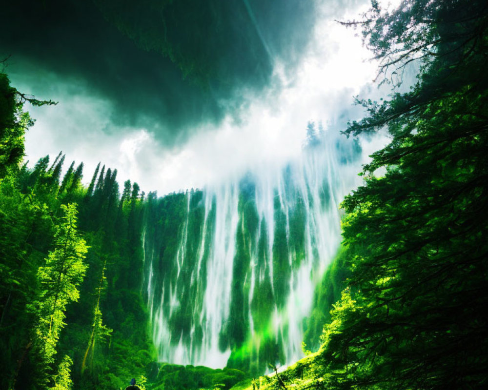 Figure in Verdant Forest Clearing Observing Sunlit Waterfall