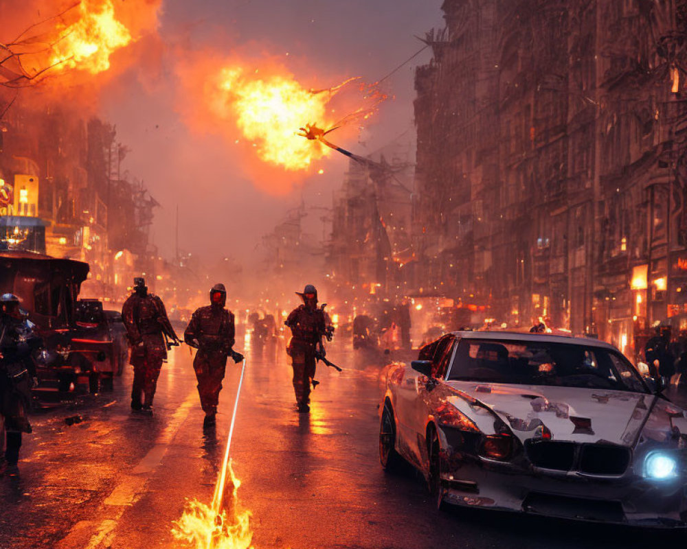 Dystopian scene: soldiers, fiery street, helicopter, burning car, ominous sky