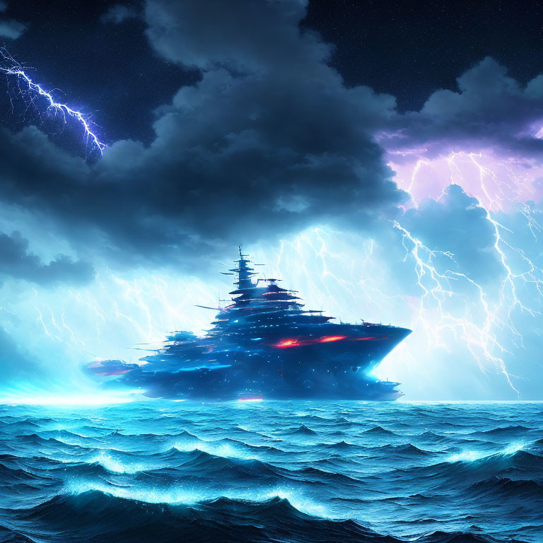 Majestic battleship sailing in stormy sea with dramatic lightning bolts