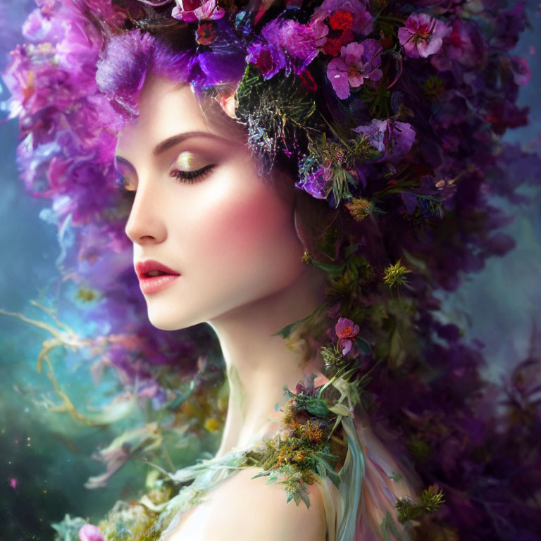 Woman with purple flower crown in soft profile against floral backdrop