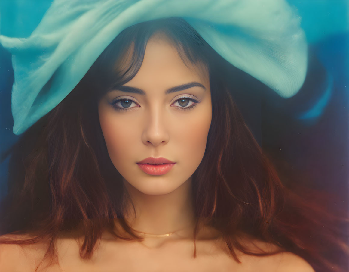 Brown-haired woman with blue eyes in sheer blue hat against dreamy backdrop