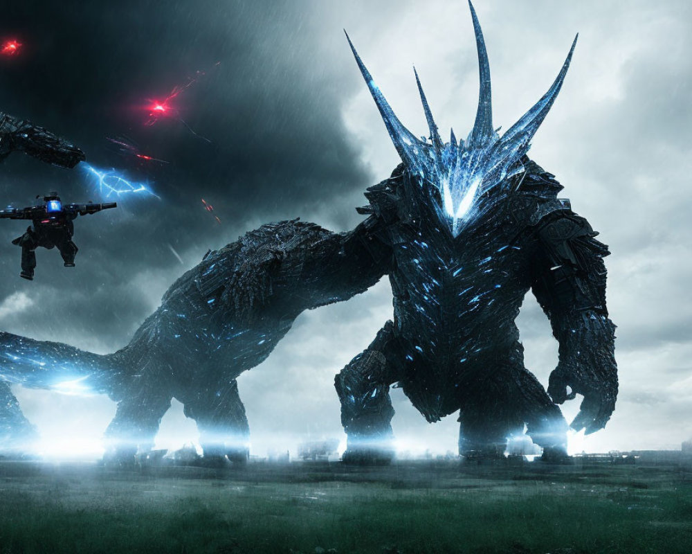 Gigantic blue-accented creature in stormy battlefield with flying machines and red projectiles.