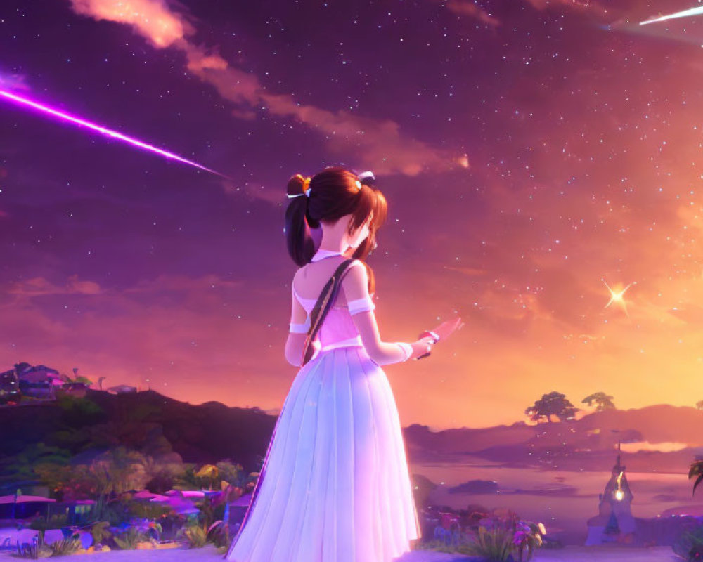 Young girl in white dress gazes at colorful twilight sky with shooting stars above peaceful town.