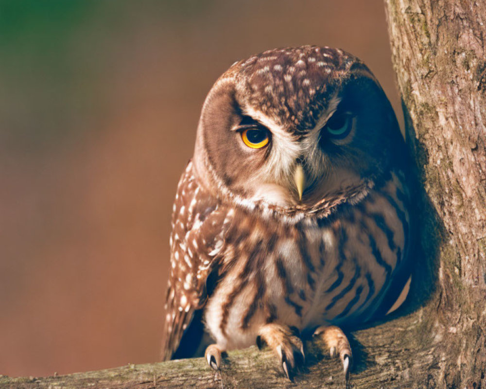 Brown owl with yellow eyes camouflaged in tree nook.