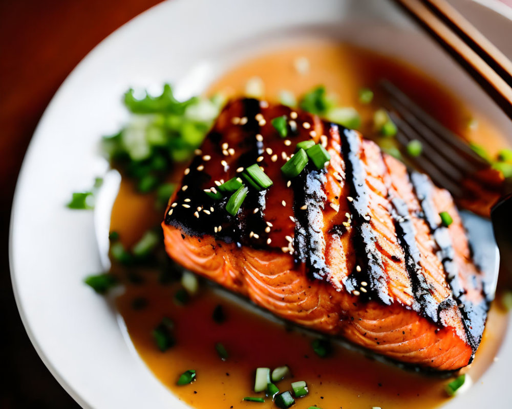 Fresh Grilled Salmon Fillet with Sesame Seeds and Green Onions on White Plate