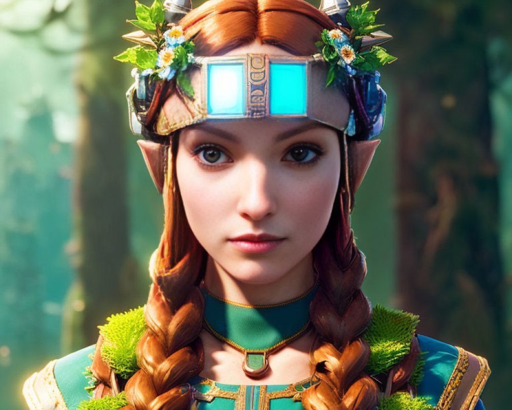 Elf-like character with braided hair and floral crown in mystical forest.