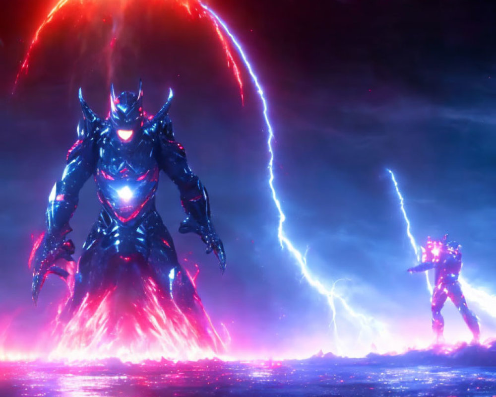 Giant armored figures in red energy face off under a glowing sky