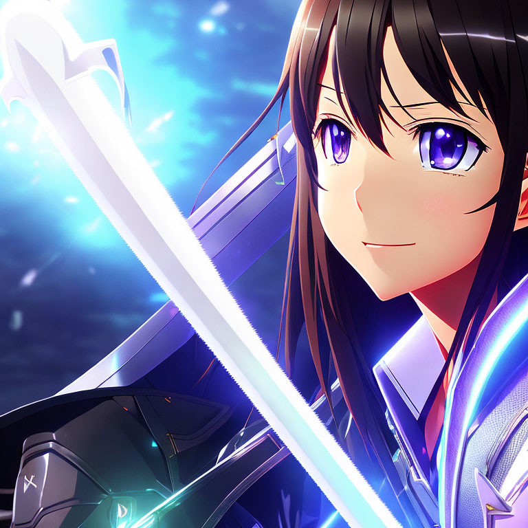 Young female anime character with brown hair and purple eyes holding a glowing blue sword under a starry sky