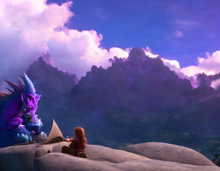 Girl and blue dragon on rock in mystical landscape with purple hues