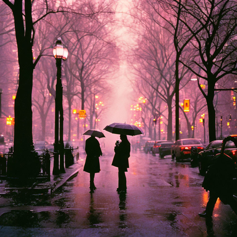 Snow-covered city street with two people holding umbrellas at dusk