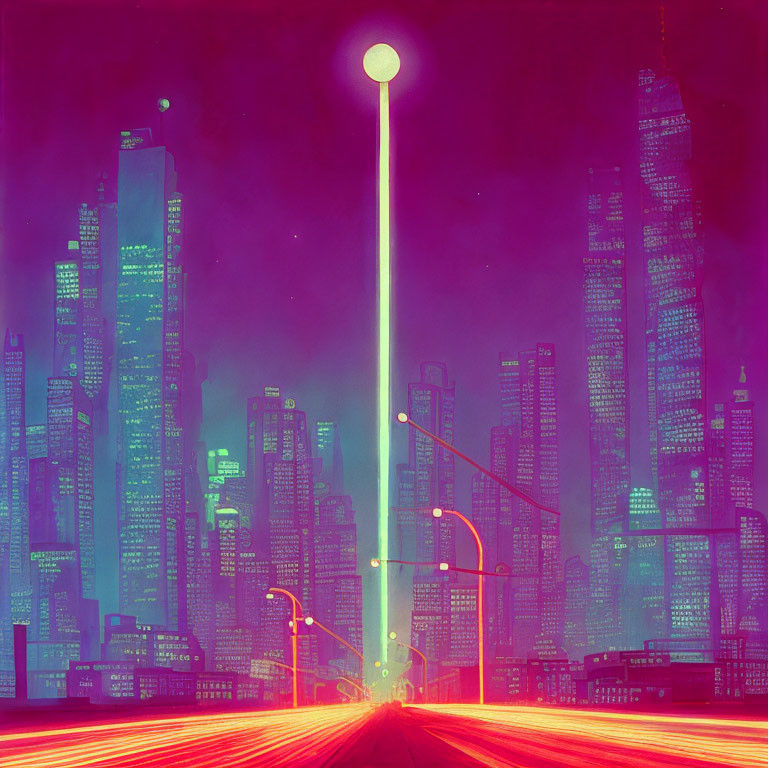 Futuristic sci-fi cityscape with glowing pink and green hues