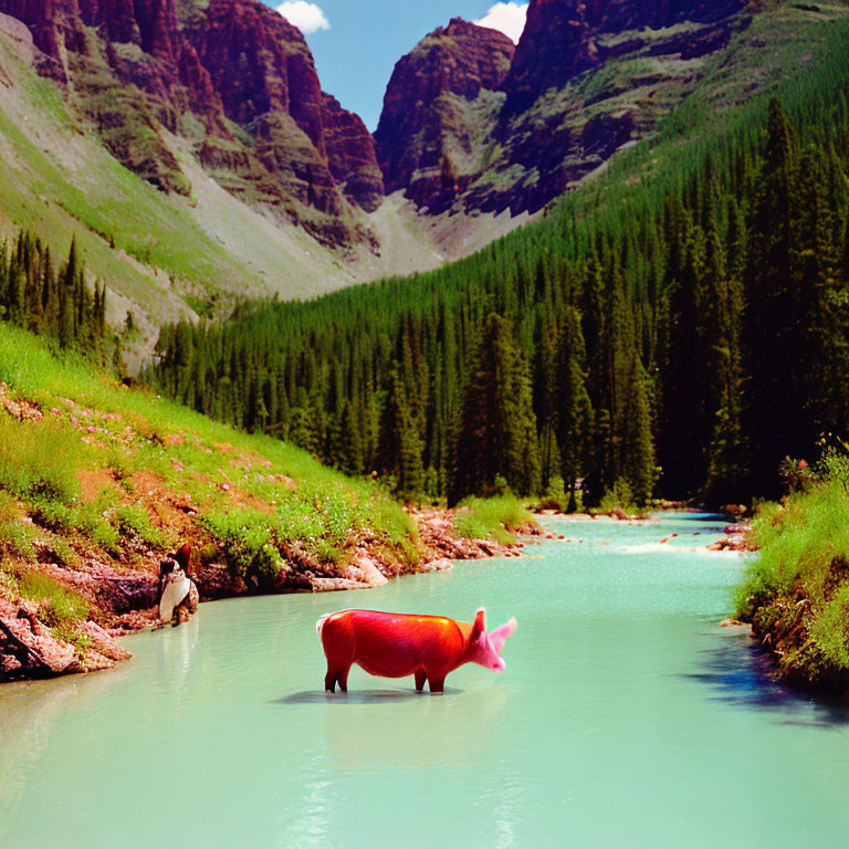 Surreal image: pink plastic pig in turquoise river surrounded by green forests