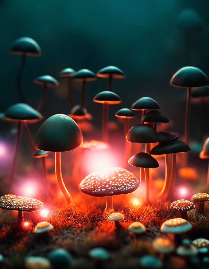 Glowing bioluminescent mushrooms in magical forest scene