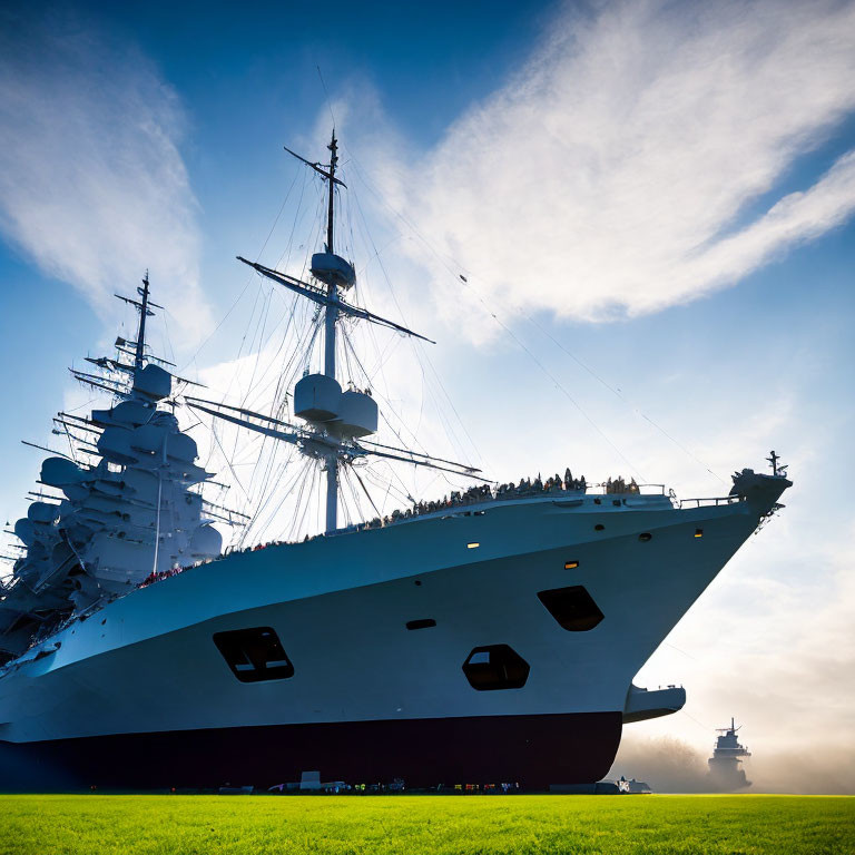 Warship silhouette against blue sky with sun halo effect