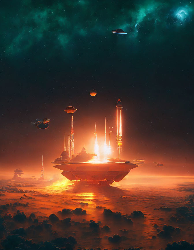 Futuristic sci-fi scene with towering spires, starry sky, and spaceships