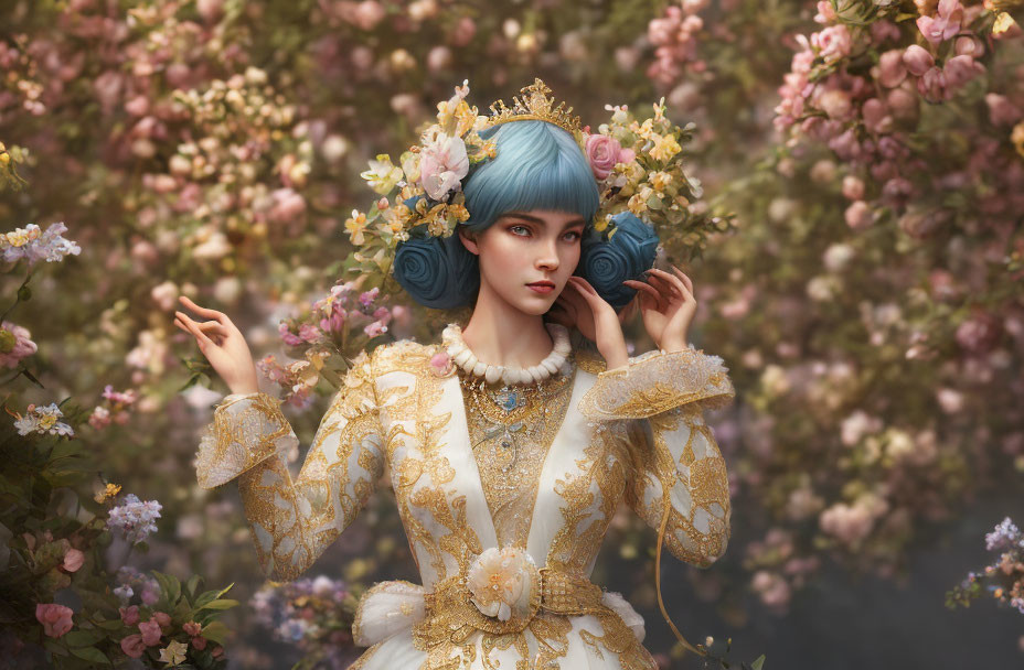 Blue-haired woman in vintage dress with pink blossoms and flower touch