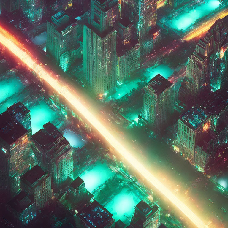 Futuristic neon-lit cityscape with turquoise and orange lights at night