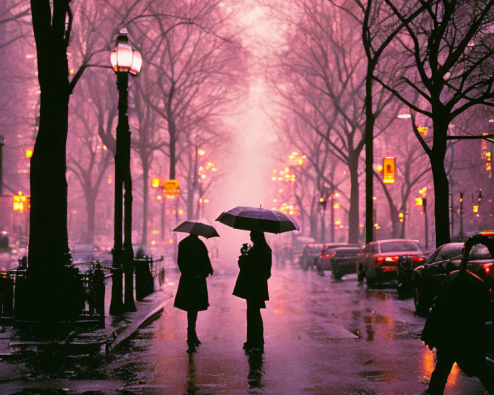 Snow-covered city street with two people holding umbrellas at dusk