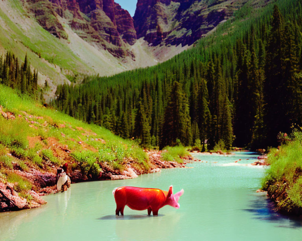 Surreal image: pink plastic pig in turquoise river surrounded by green forests