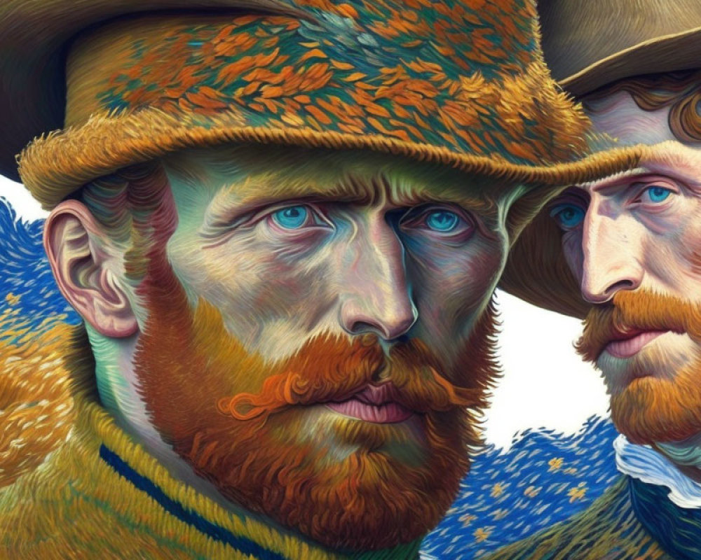 Vibrant post-impressionist painting of two men in swirling colors