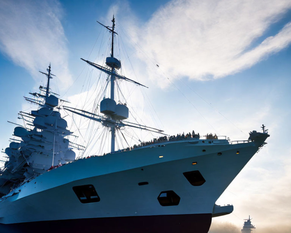 Warship silhouette against blue sky with sun halo effect