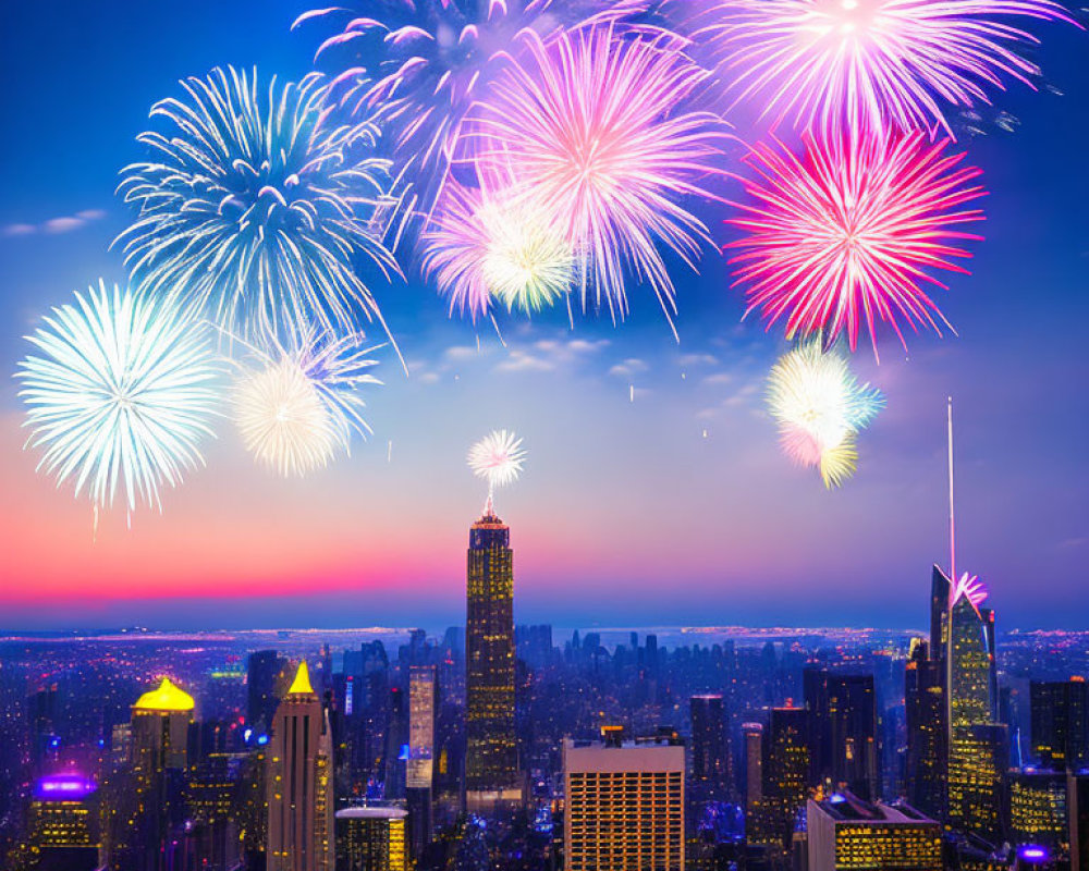 Colorful fireworks illuminate city skyline at twilight