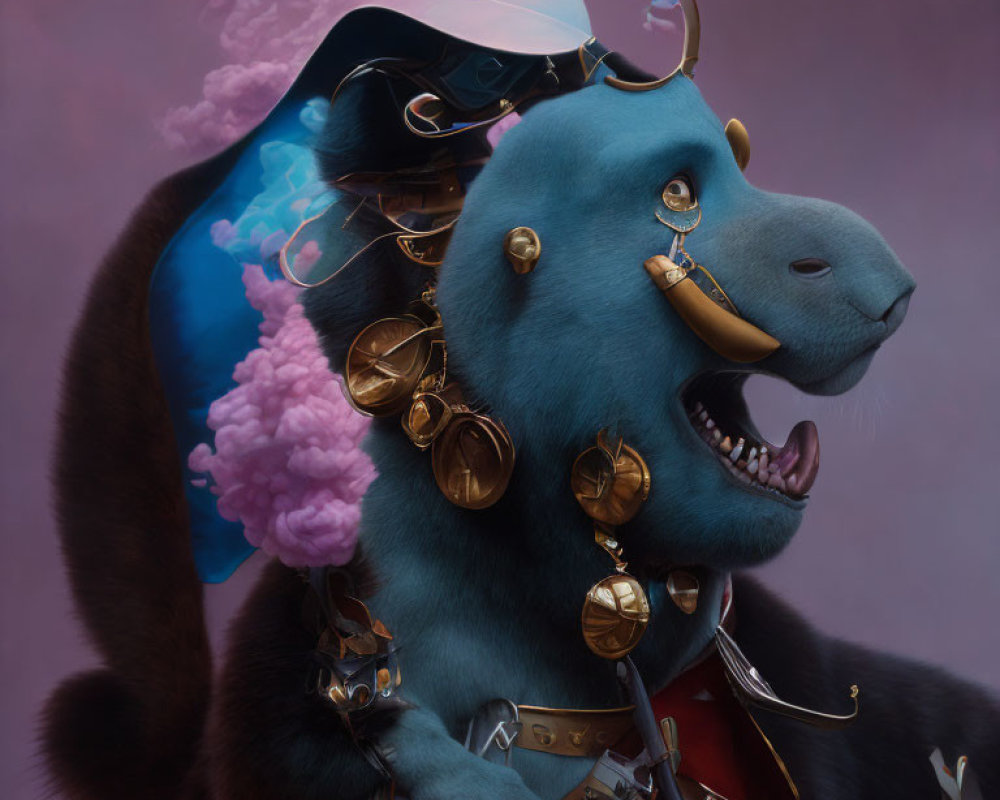 Stylized blue dog with golden steampunk glasses and cloud motif