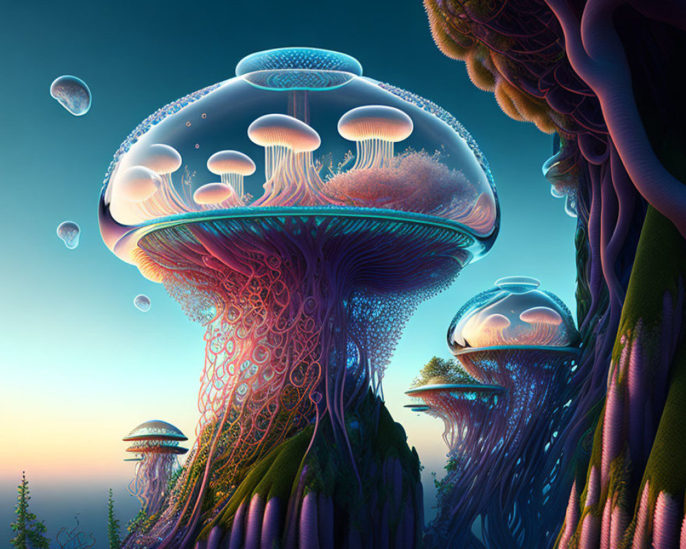 Fantasy landscape with bioluminescent jellyfish-like trees and floating jellyfish