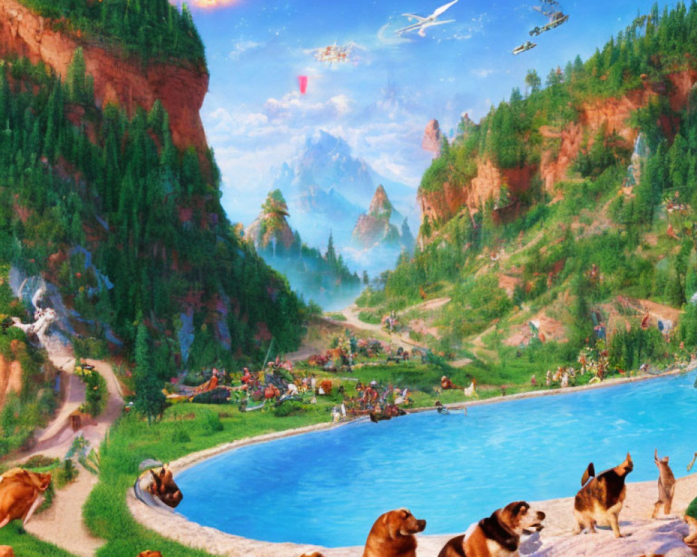 Vibrant dog-filled landscape with futuristic ships and lush scenery