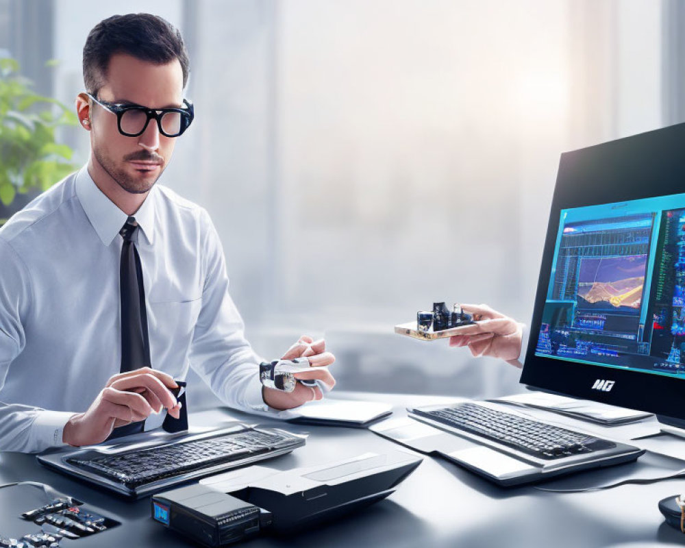 Professional Man Multitasking at Tech-Laden Desk with Multiple Screens and Electronic Devices