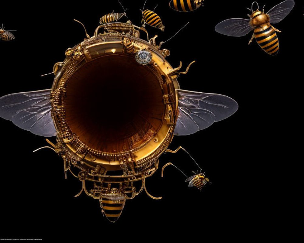 Digital artwork: Mechanical bees with golden designs around hive structure