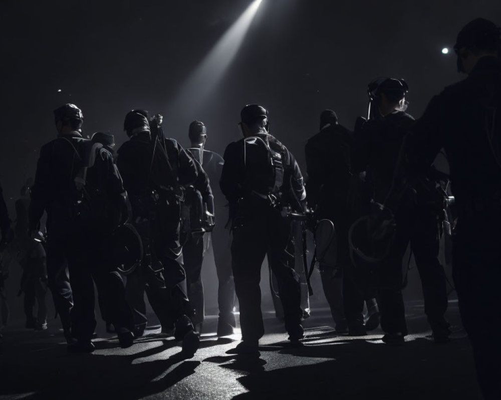 Dark silhouettes in riot gear under spotlight with visible dust particles