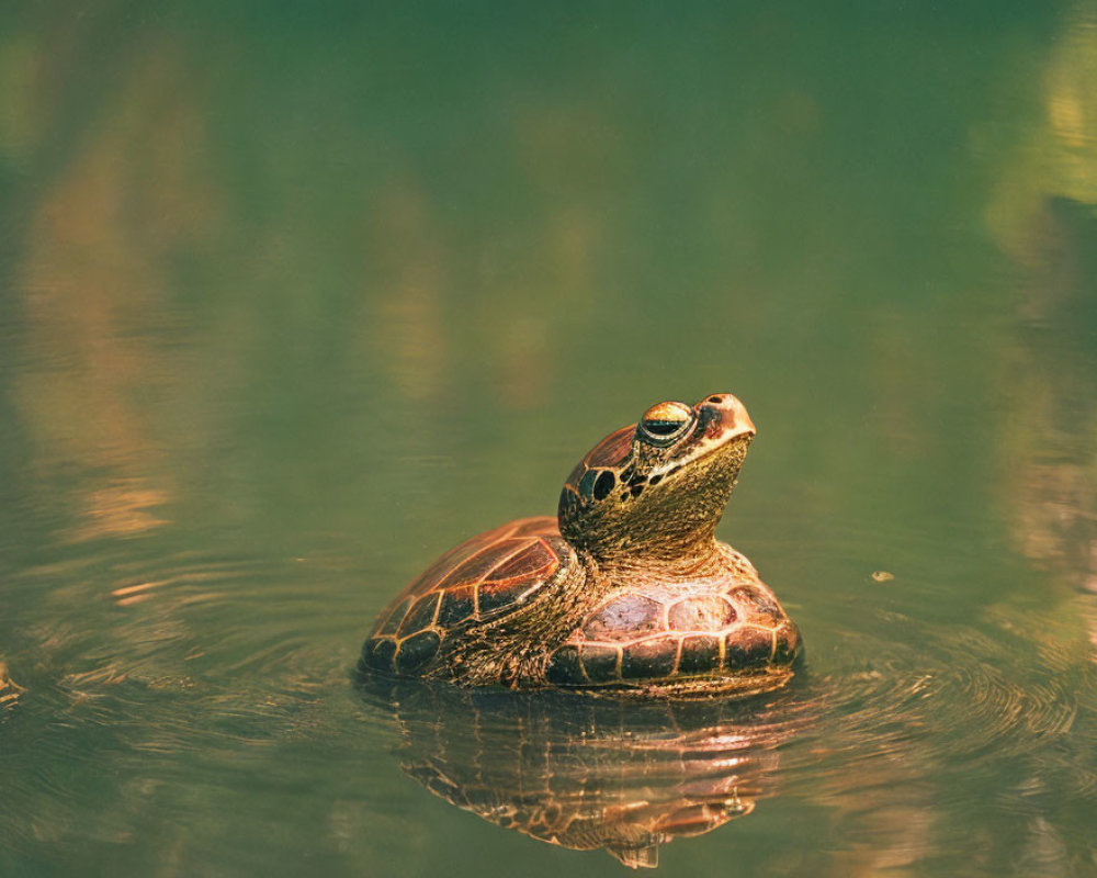 Patterned Shell Turtle Floating Serenely on Green Pond