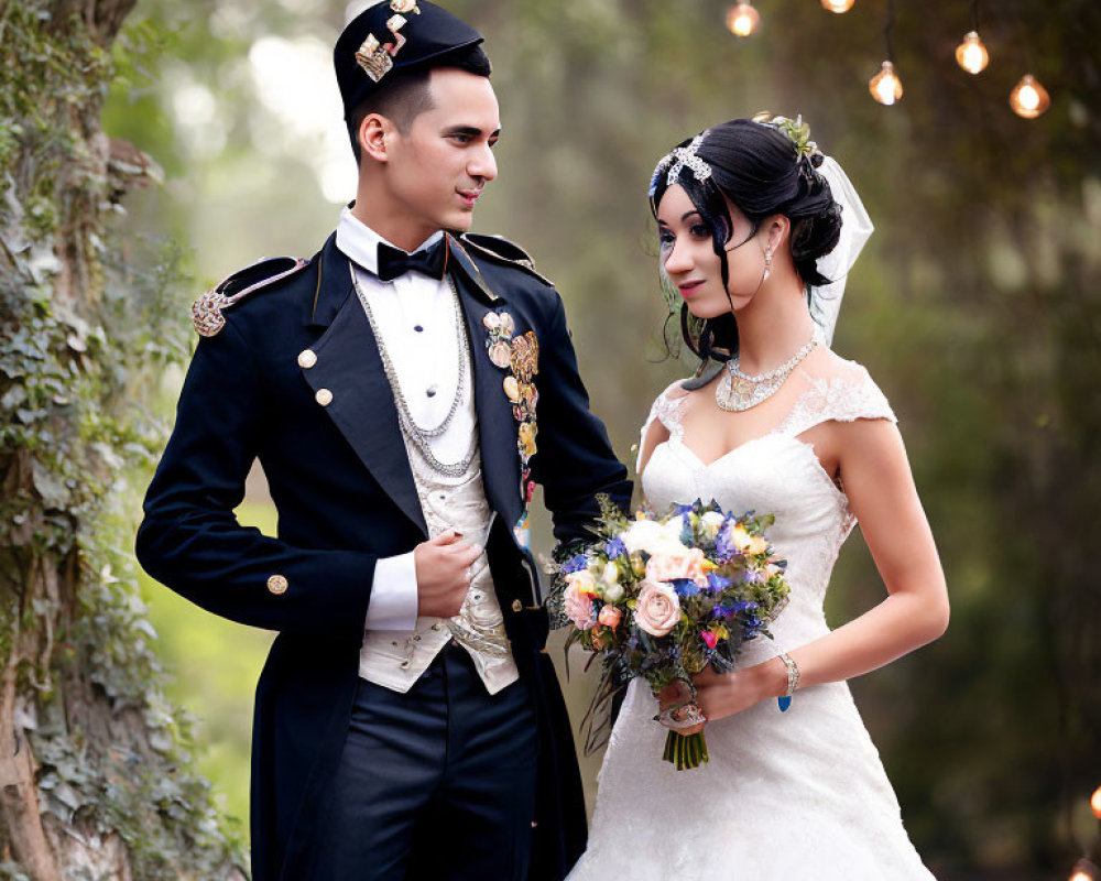 Bride and groom in wedding attire in forest with military groom and bouquet, surrounded by hanging lights