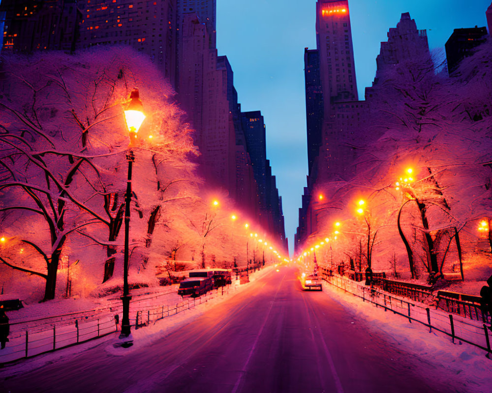 Snow-covered city street at twilight with illuminated street lamps, trees, and skyscrapers