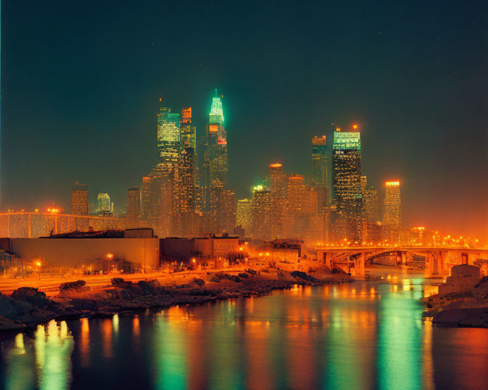 Night city skyline with illuminated skyscrapers, river reflection, hazy sky, and bridge.