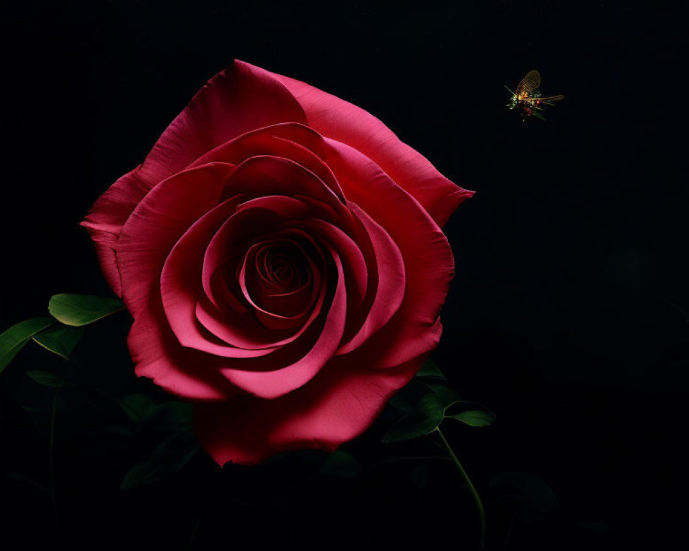 Vibrant red rose in full bloom against dark backdrop with flying insect