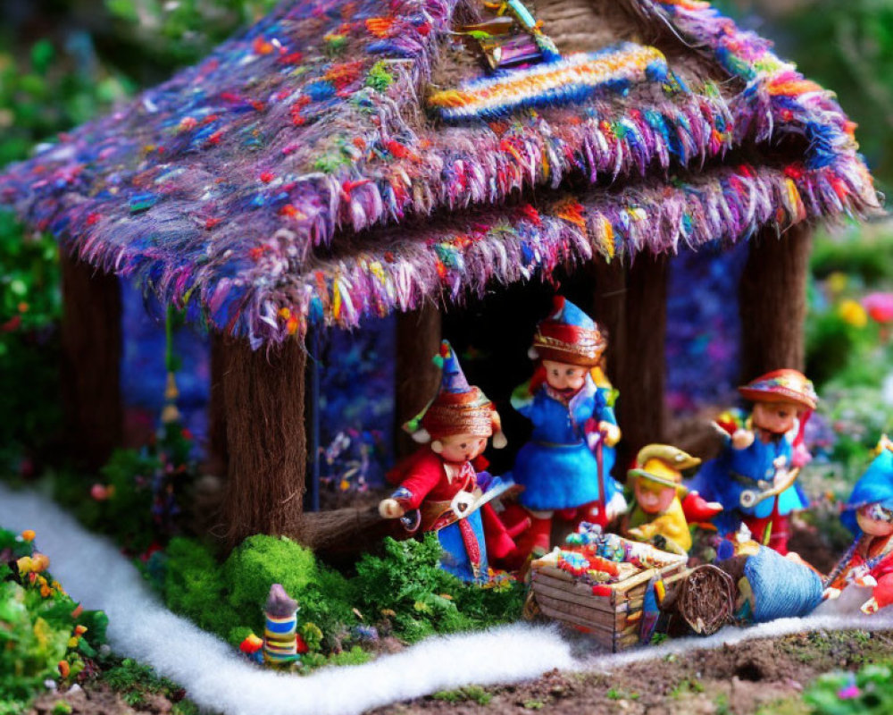 Colorful miniature scene: Gnomes or elves in thatched-roof hut in lush garden.