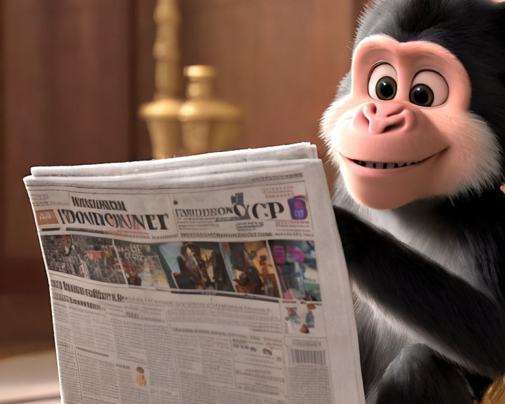 Smiling animated gorilla reading newspaper indoors