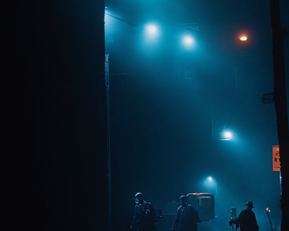 People silhouettes in foggy, dimly lit night street with blue and red lights