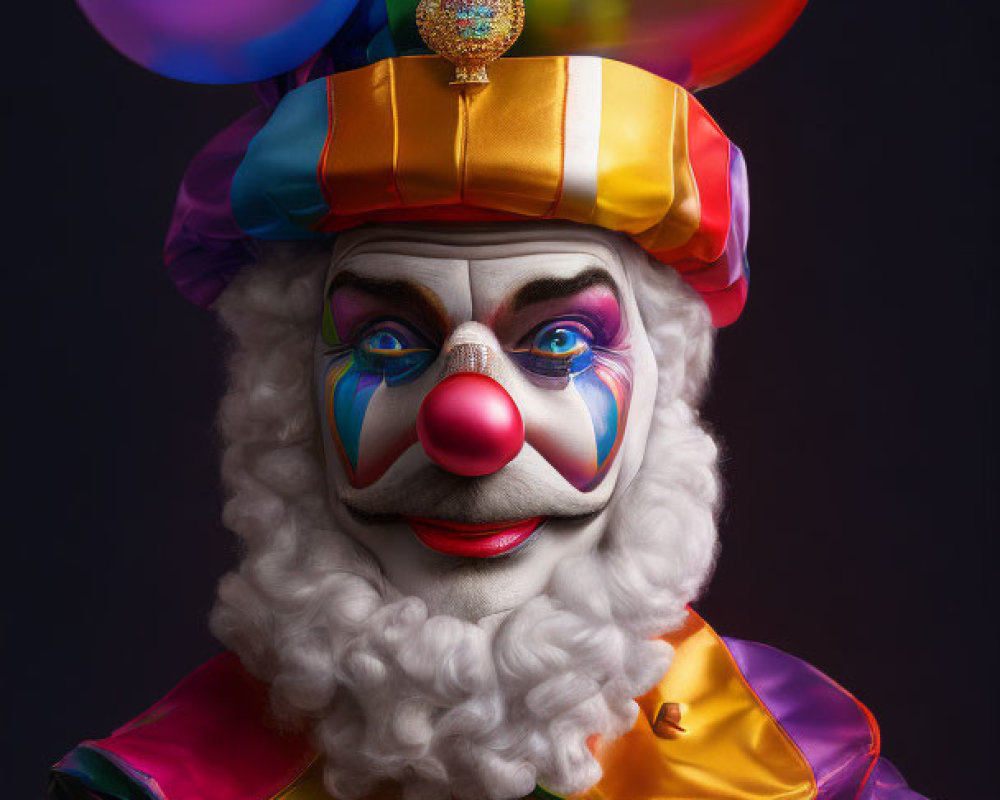 Colorful Clown with Painted Face and Curly Wig in Vibrant Costume