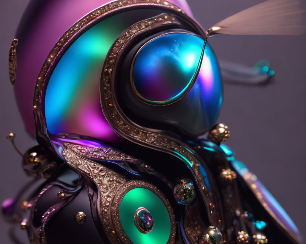 Colorful Ornate Mechanical Squid with Iridescent Surfaces