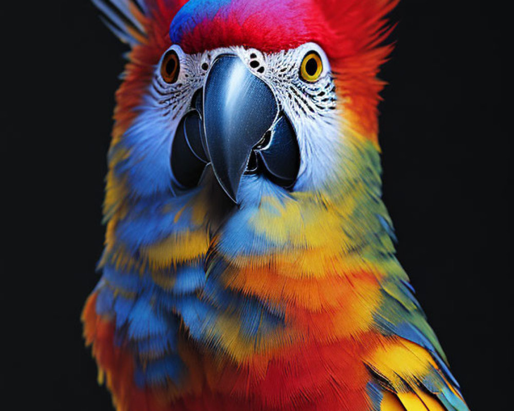 Colorful Scarlet Macaw with Blue and Yellow Feathers on Dark Background