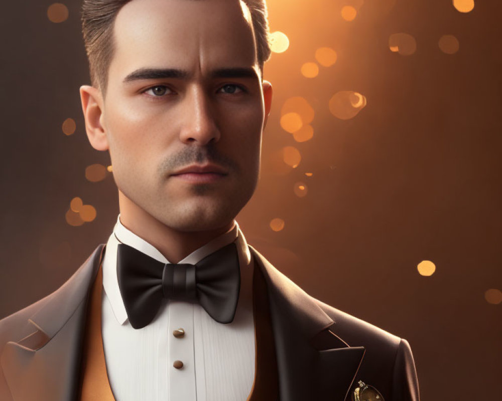 Slicked-back hair male character in tuxedo and bow tie on warm bokeh background