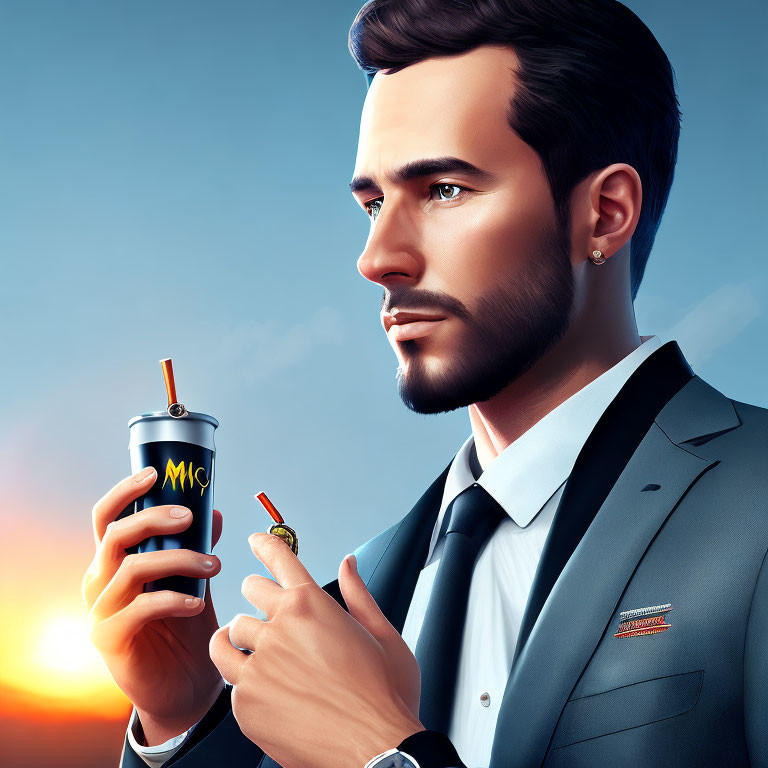 Man in suit with soda can against blue sky background