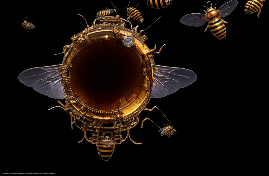 Digital artwork: Mechanical bees with golden designs around hive structure