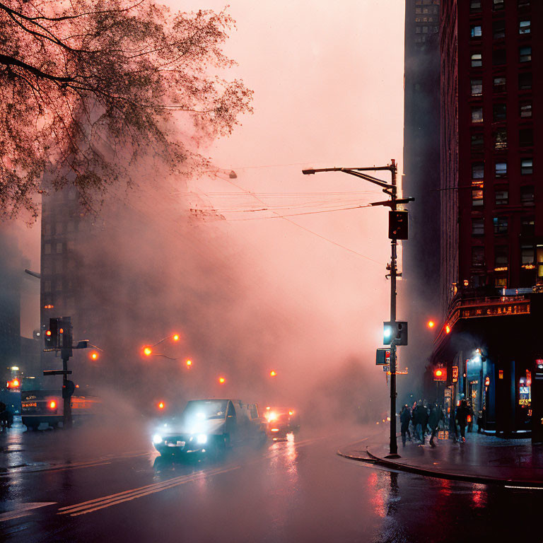 City street at dusk: Vehicles' headlights, misty haze, glowing traffic lights, pedestrians' sil