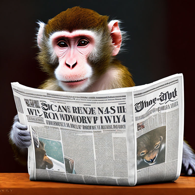 Monkey reading newspaper with wolf image on blurred wooden background