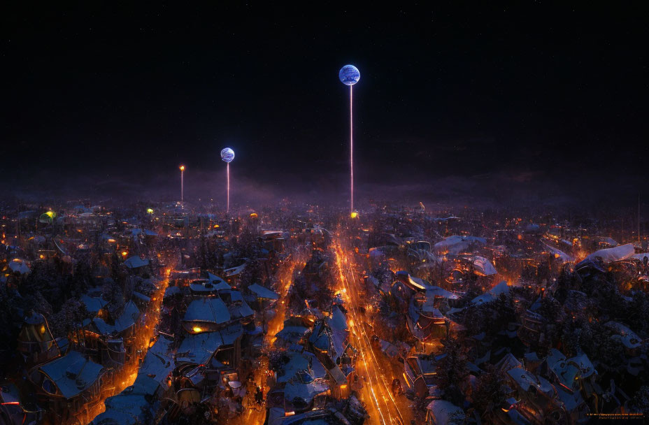 Snowy Night Townscape with Glowing Orbs and Illuminated Streets