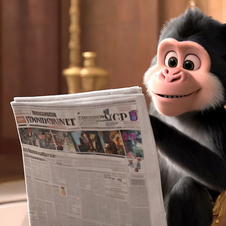 Smiling animated gorilla reading newspaper indoors